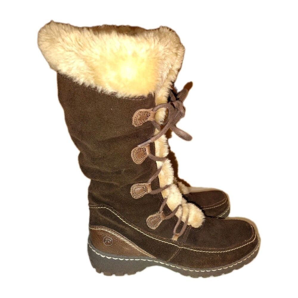 Baretraps Brown Suede Tall Winter Boots Faux Fur Lace Up Side Zip Women's...